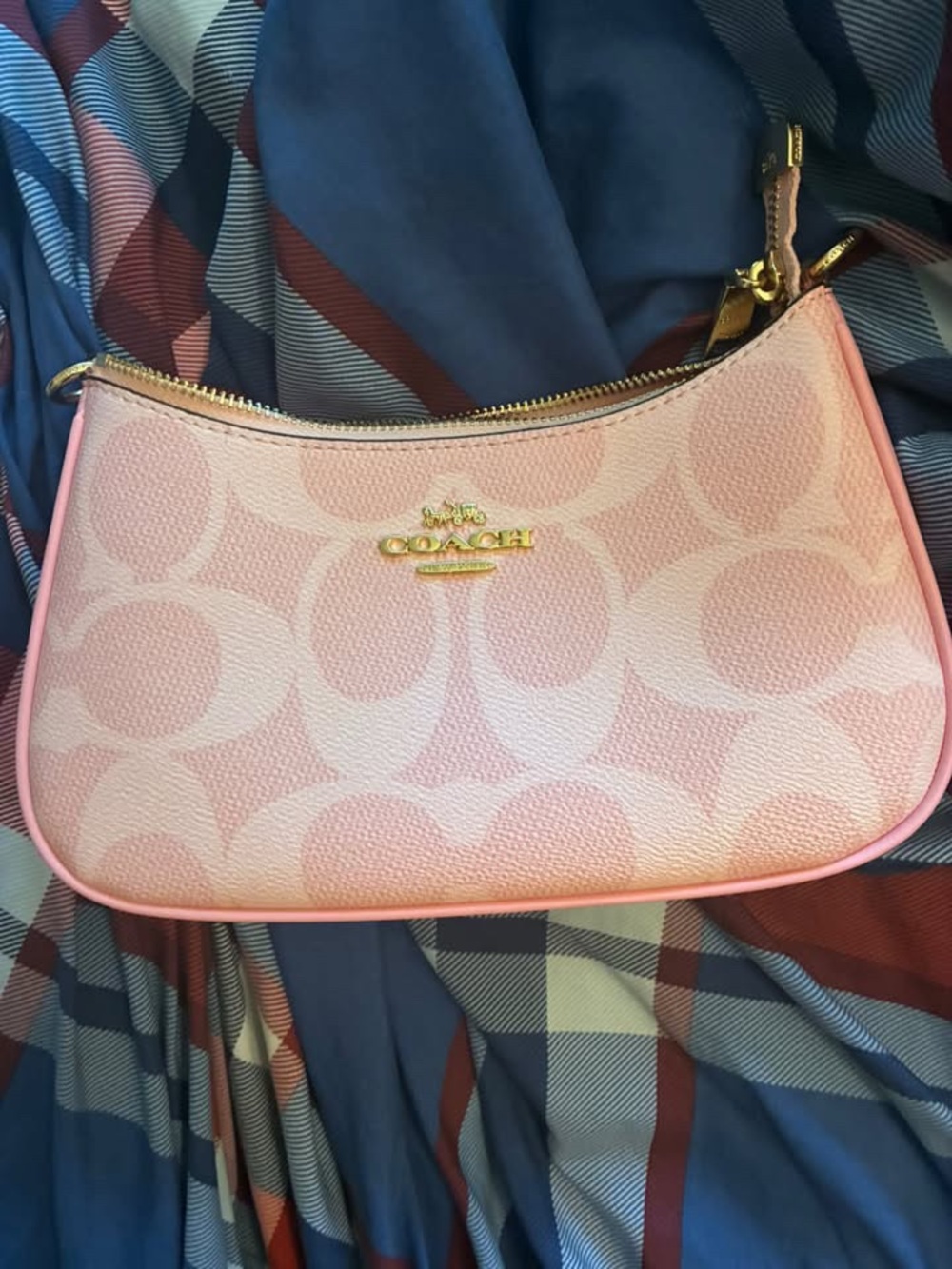 COACH Pink Signature Canvas Mini Wristlet with Gold Hardware